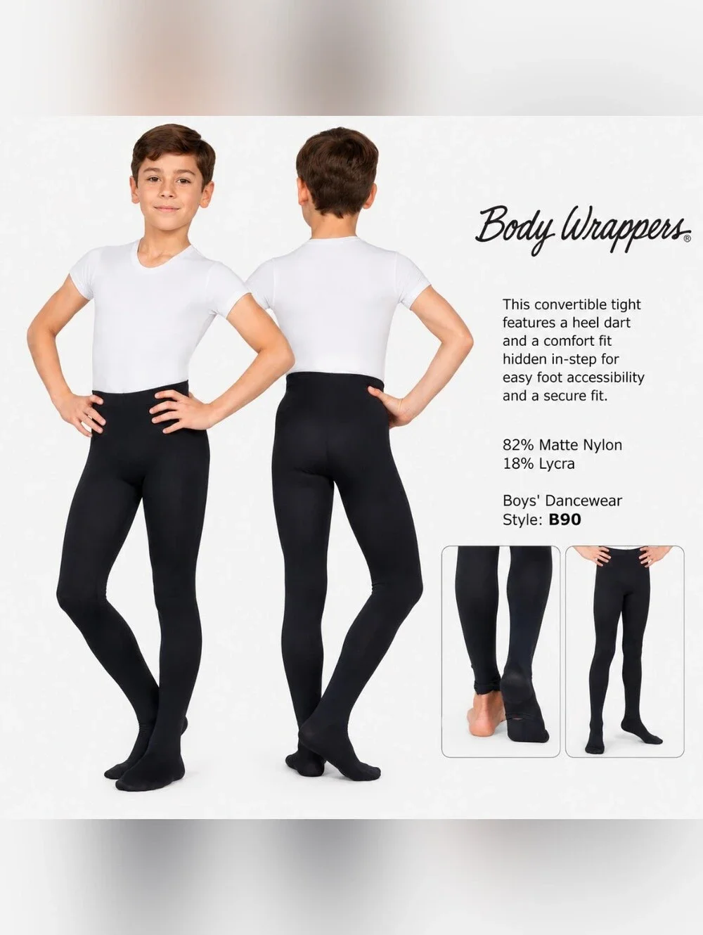 Nwt Body Wrappers Boys Convertible Dance Tights B90 Nylon Spandex Black Ballet